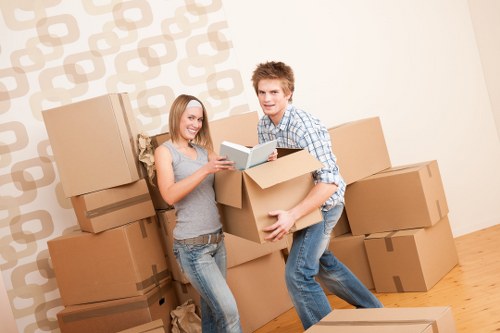 Office relocation equipment and furniture prepared for transport